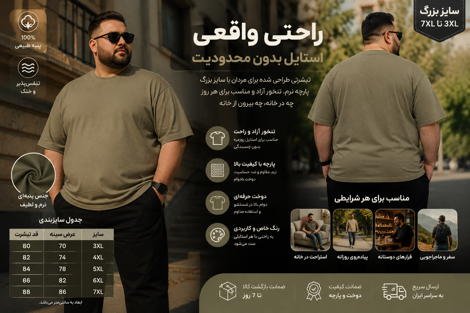 	 تیشرت اورسایز بیگ سایز مردانه پنبه‌ای Premium
