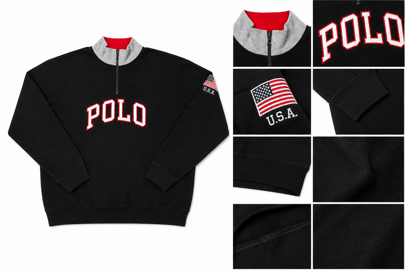 سویشرت نیم‌زیپ مشکی POLO سایز بزرگ مردانه | یقه ایستاده و طرح USA