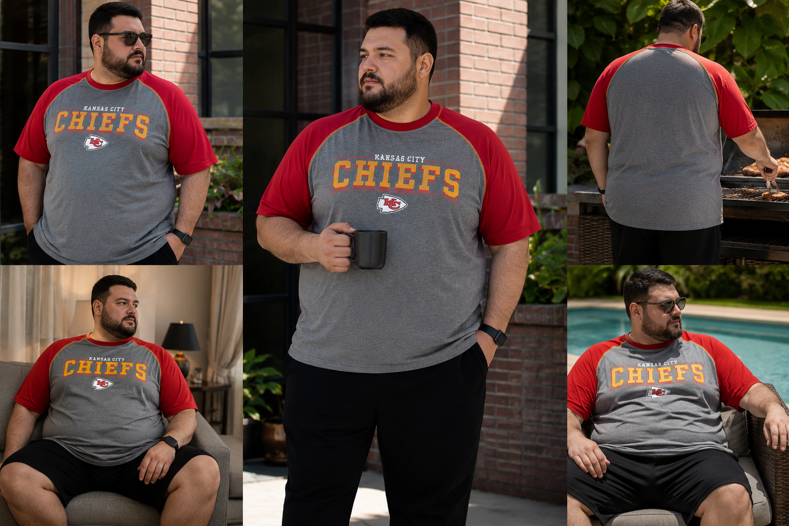 تیشرت بیگ سایز مردانه رگلان طوسی قرمز مدل Chiefs