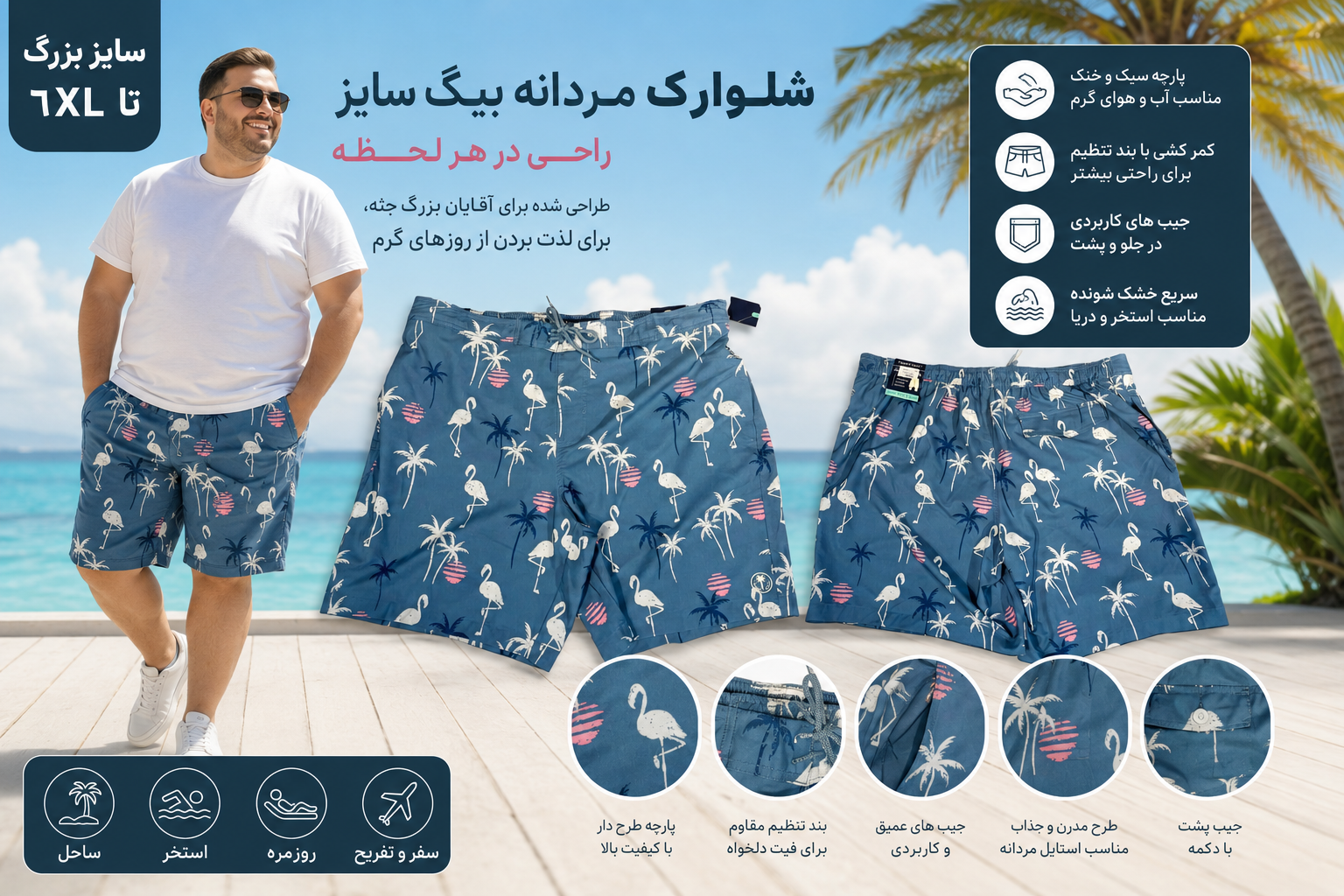 شلوارک ساحلی مردانه بیگ سایز طرح فلامینگو آبی | شلوارک استخری سایز بزرگ
