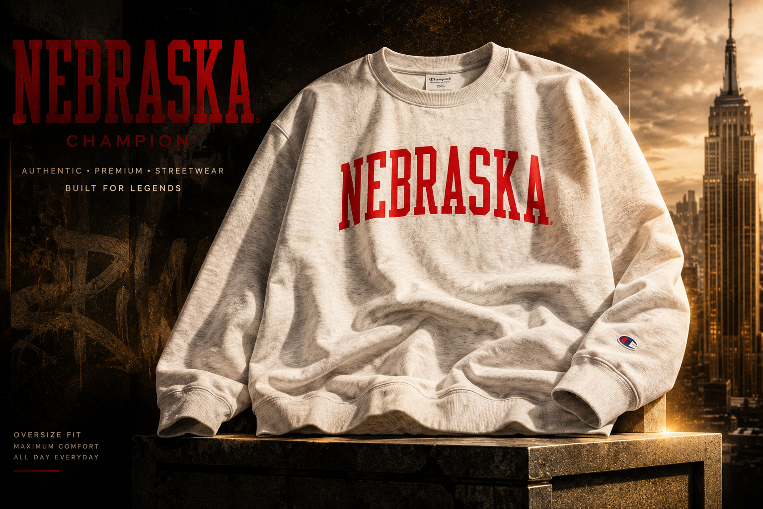 سویشرت مردانه Champion طرح Nebraska سایز بزرگ 2XLT