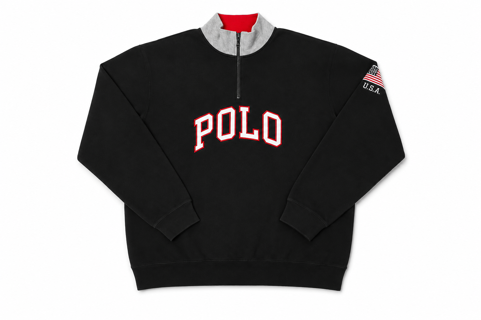 سویشرت نیم‌زیپ مشکی POLO سایز بزرگ مردانه | یقه ایستاده و طرح USA