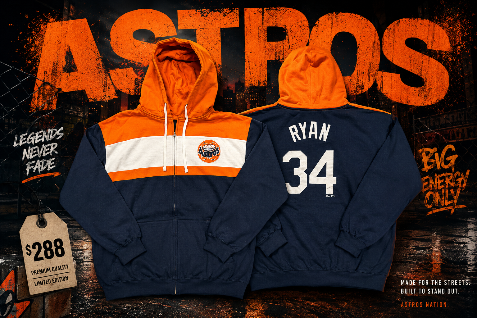 هودی زیپ‌دار مردانه سایز بزرگ مدل Houston Astros Ryan 34 | استایل اسپرت بیگ سایز