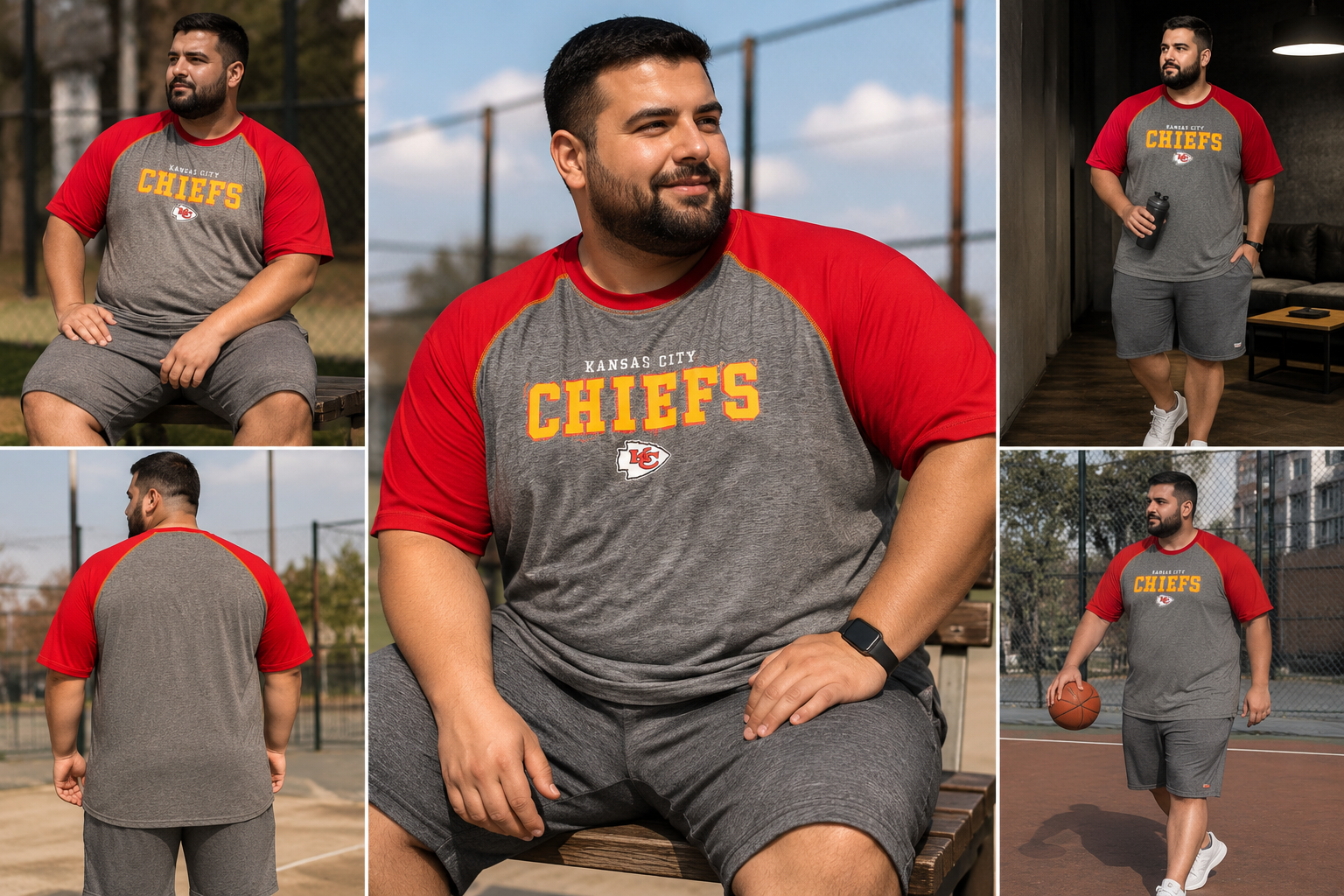 تیشرت بیگ سایز مردانه رگلان طوسی قرمز مدل Chiefs